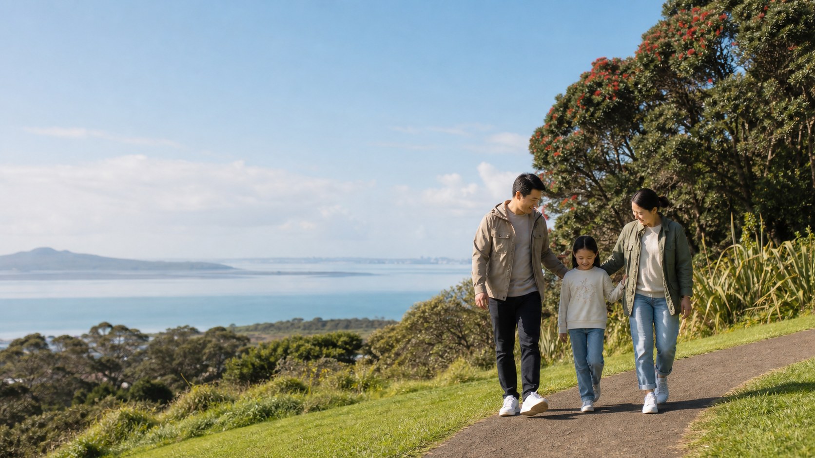 Illustrative East Asian New Zealand family walking together above Auckland's coast on a bright morning.